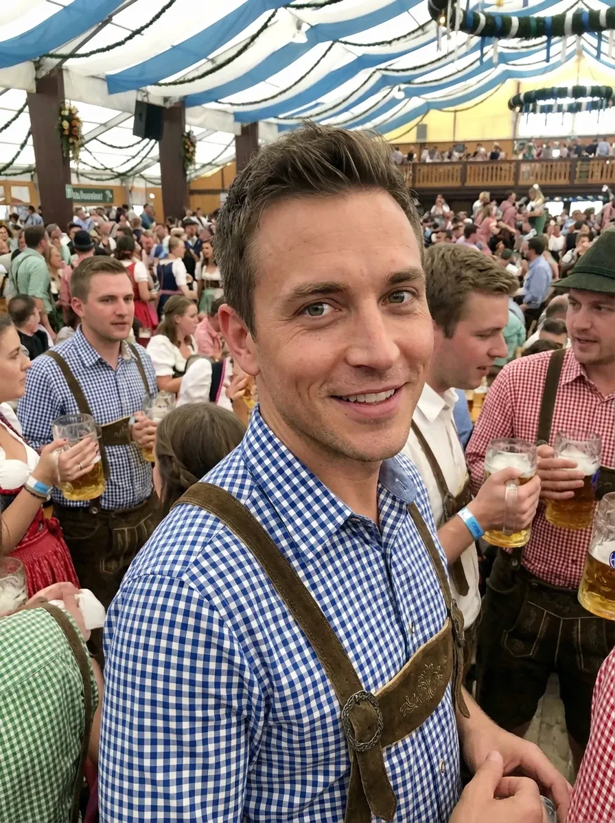 Original selfie input — smiling man in a blue checked shirt at an outdoor festival